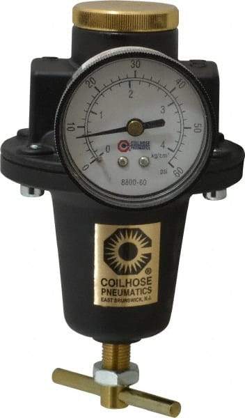 Coilhose Pneumatics - 1/2 NPT Port, 80 CFM, Cast Aluminum Heavy-Duty T-Handle Regulator - 0 to 60 psi Range, 250 Max psi Supply Pressure, 1/4" Gauge Port Thread, 4" Wide x 7" High - Industrial Tool & Supply