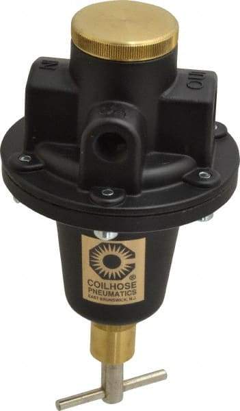 Coilhose Pneumatics - 1/2 NPT Port, 80 CFM, Cast Aluminum Tamper Proof Heavy-Duty T-Handle Regulator - 0 to 200 psi Range, 250 Max psi Supply Pressure, 1/4" Gauge Port Thread, 4" Wide x 7" High - Industrial Tool & Supply