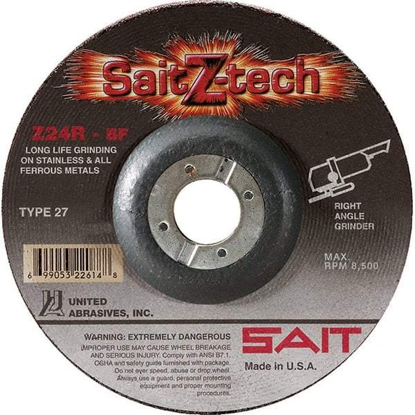 Sait - 24 Grit, 5" Wheel Diam, 1/4" Wheel Thickness, 7/8" Arbor Hole, Type 27 Depressed Center Wheel - Zirconia Alumina, Resinoid Bond, R Hardness, 12,200 Max RPM, Compatible with Angle Grinder - Industrial Tool & Supply