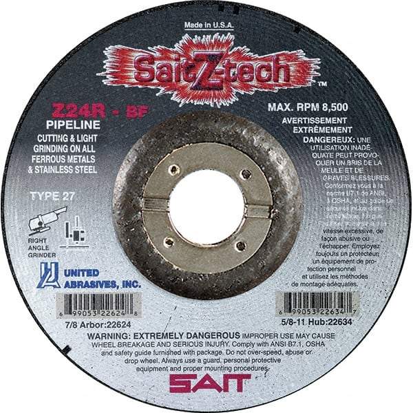 Sait - 24 Grit, 7" Wheel Diam, 1/8" Wheel Thickness, 7/8" Arbor Hole, Type 27 Depressed Center Wheel - Zirconia Alumina, Resinoid Bond, R Hardness, 8,500 Max RPM, Compatible with Angle Grinder - Industrial Tool & Supply