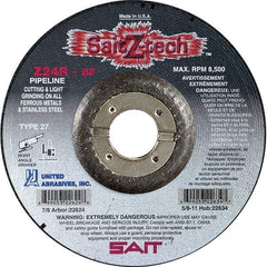 Sait - 24 Grit, 4-1/2" Wheel Diam, 1/8" Wheel Thickness, 7/8" Arbor Hole, Type 27 Depressed Center Wheel - Zirconia Alumina, Resinoid Bond, R Hardness, 13,300 Max RPM, Compatible with Angle Grinder - Industrial Tool & Supply