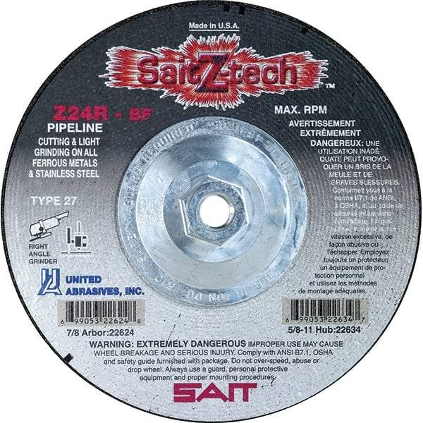 Sait - 24 Grit, 4-1/2" Wheel Diam, 1/8" Wheel Thickness, Type 27 Depressed Center Wheel - Zirconia Alumina, Resinoid Bond, R Hardness, 13,300 Max RPM, Compatible with Angle Grinder - Industrial Tool & Supply