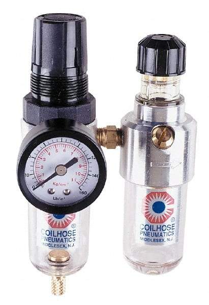 Coilhose Pneumatics - 1/4" NPT Port Miniature 2 Piece Filter/Regulator-Lubricator FRL Unit - Polycarbonate Bowl, 25 SCFM, 150 Max psi, 6" High, Manual Drain - Industrial Tool & Supply