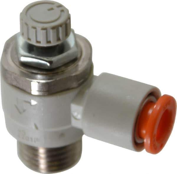 SMC PNEUMATICS - 1/4" Tube OD x 1/4" Male NPT Flow Control Elbow Valve - Meter Out - Industrial Tool & Supply