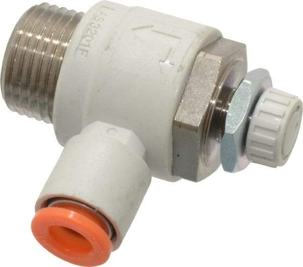 SMC PNEUMATICS - 1/4" Tube OD x 3/8" Male NPT Flow Control Elbow Valve - Meter Out - Industrial Tool & Supply