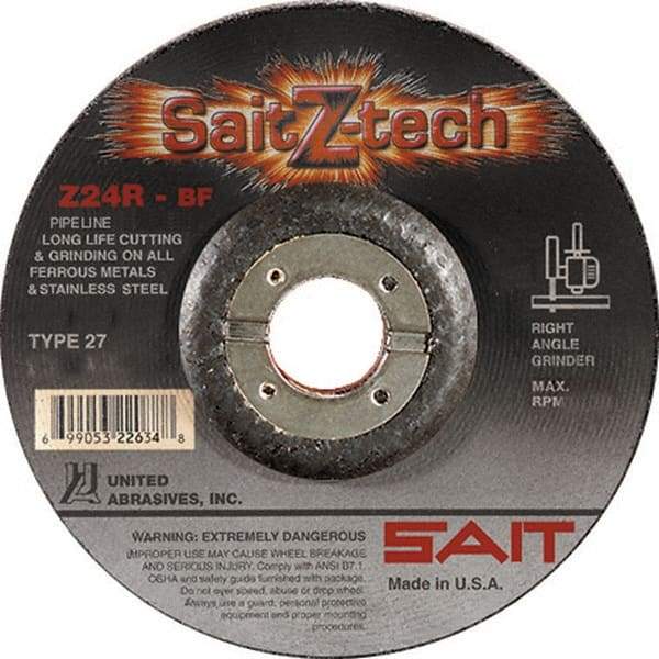 Sait - 24 Grit, 6" Wheel Diam, 3/32" Wheel Thickness, 7/8" Arbor Hole, Type 27 Depressed Center Wheel - Zirconia Alumina, Resinoid Bond, R Hardness, 10,200 Max RPM, Compatible with Angle Grinder - Industrial Tool & Supply