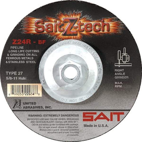 Sait - 24 Grit, 6" Wheel Diam, 3/32" Wheel Thickness, Type 27 Depressed Center Wheel - Zirconia Alumina, Resinoid Bond, R Hardness, 10,200 Max RPM, Compatible with Angle Grinder - Industrial Tool & Supply