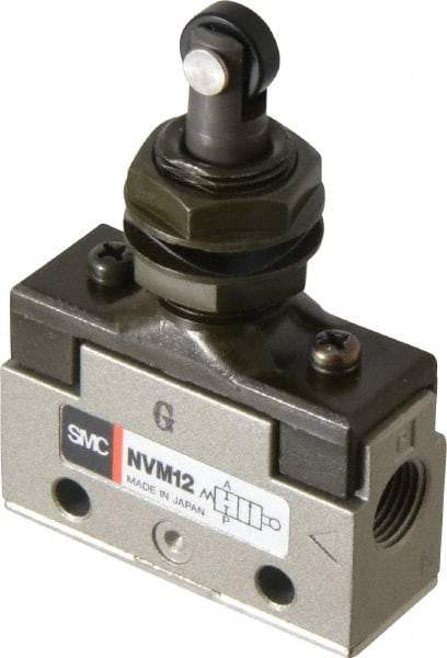 SMC PNEUMATICS - 0.14 CV Rate, 1/8" NPT Inlet Mechanical Valve - 2 Way, 2 Ports, Roller Plunger Inline - Industrial Tool & Supply