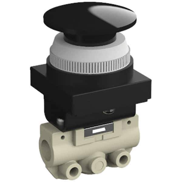 SMC PNEUMATICS - 0.14 CV Rate, 1/8" NPT Inlet Mechanical Valve - 2 Way, 2 Ports, Push Button Mushroom - Industrial Tool & Supply