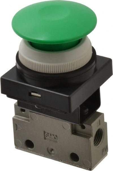 SMC PNEUMATICS - 0.14 CV Rate, 1/8" NPT Inlet Mechanical Valve - 2 Way, 2 Ports, Push Button Mushroom - Industrial Tool & Supply