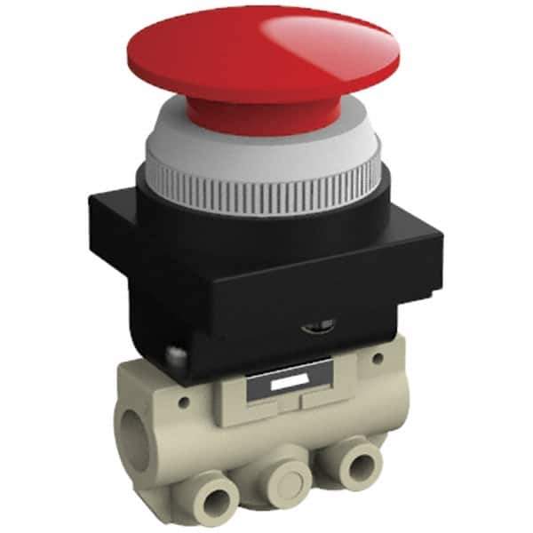 SMC PNEUMATICS - 0.14 CV Rate, 1/8" NPT Inlet Mechanical Valve - 2 Way, 2 Ports, Push Button Mushroom - Industrial Tool & Supply