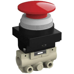 SMC PNEUMATICS - 0.14 CV Rate, 1/8" NPT Inlet Mechanical Valve - 2 Way, 2 Ports, Push Button Mushroom - Industrial Tool & Supply