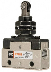 SMC PNEUMATICS - 0.14 CV Rate, 1/8" NPT Inlet Mechanical Valve - 3 Way, 2 Ports, Plunger Roller Plunger Inline - Industrial Tool & Supply