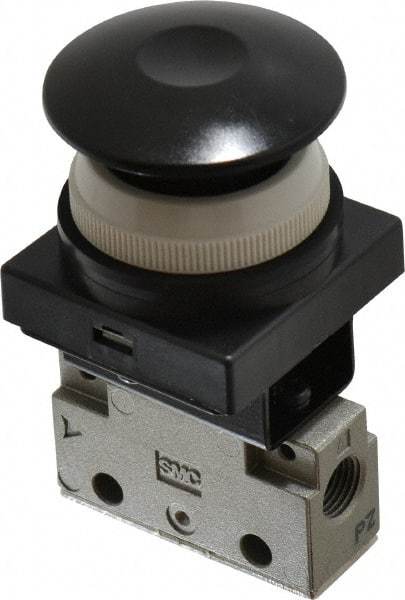 SMC PNEUMATICS - 0.14 CV Rate, 1/8" NPT Inlet Mechanical Valve - 3 Way, 2 Ports, Push Button Mushroom - Industrial Tool & Supply