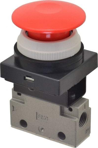 SMC PNEUMATICS - 0.14 CV Rate, 1/8" NPT Inlet Mechanical Valve - 3 Way, 2 Ports, Push Button Mushroom - Industrial Tool & Supply