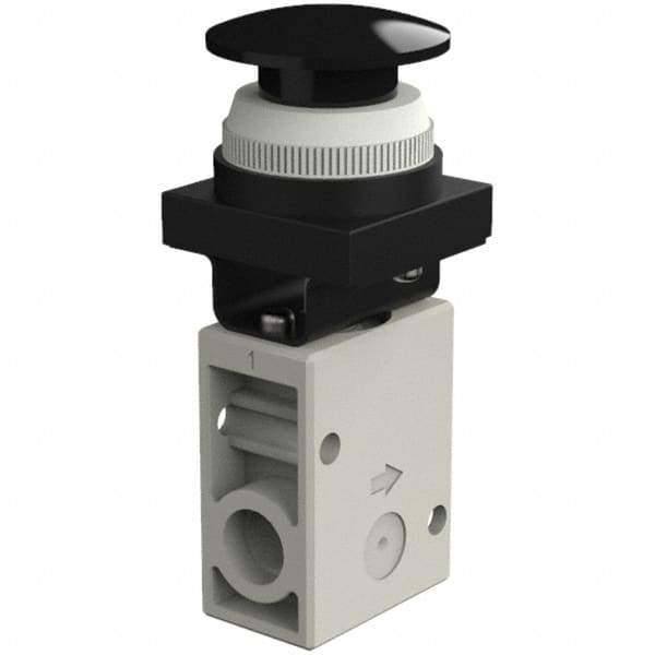 SMC PNEUMATICS - 1.00 CV Rate, 1/4" NPT Inlet Mechanical Valve - 3 Way, 2 Ports, Push Button Mushroom - Industrial Tool & Supply