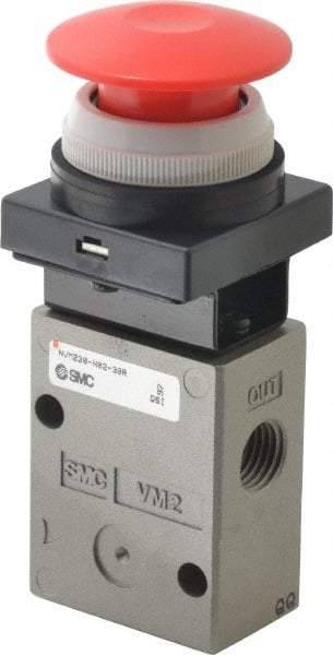 SMC PNEUMATICS - 1.00 CV Rate, 1/4" NPT Inlet Mechanical Valve - 3 Way, 2 Ports, Push Button Mushroom - Industrial Tool & Supply