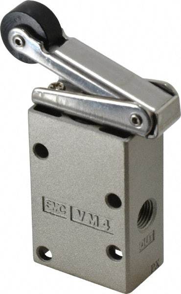 SMC PNEUMATICS - 0.38 CV Rate, 1/4" NPT Inlet Mechanical Valve - 3 Way, 3 Ports, Roller Lever - Industrial Tool & Supply