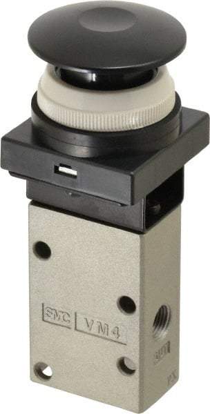 SMC PNEUMATICS - 0.38 CV Rate, 1/4" NPT Inlet Mechanical Valve - 3 Way, 3 Ports, Push Button Mushroom - Industrial Tool & Supply