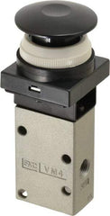 SMC PNEUMATICS - 0.38 CV Rate, 1/4" NPT Inlet Mechanical Valve - 3 Way, 3 Ports, Push Button Mushroom - Industrial Tool & Supply