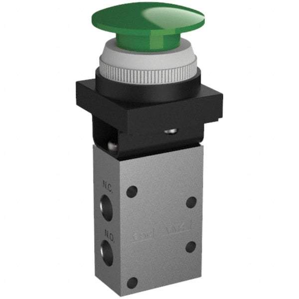 SMC PNEUMATICS - 0.38 CV Rate, 1/4" NPT Inlet Mechanical Valve - 3 Way, 3 Ports, Push Button Mushroom - Industrial Tool & Supply