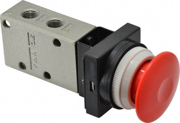 SMC PNEUMATICS - 0.38 CV Rate, 1/4" NPT Inlet Mechanical Valve - 3 Way, 3 Ports, Push Button Mushroom - Industrial Tool & Supply