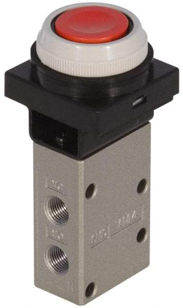 SMC PNEUMATICS - 0.38 CV Rate, 1/4" NPT Inlet Mechanical Valve - 3 Way, 3 Ports, Push Button Flush - Industrial Tool & Supply