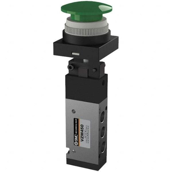 SMC PNEUMATICS - 0.55 CV Rate, 1/8" NPT Inlet Mechanical Valve - 4 Way, 5 Ports, Push Button Mushroom - Industrial Tool & Supply