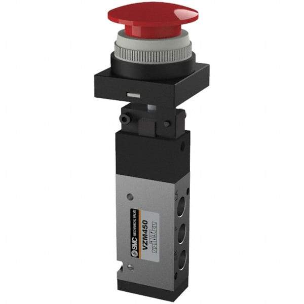 SMC PNEUMATICS - 0.55 CV Rate, 1/8" NPT Inlet Mechanical Valve - 4 Way, 5 Ports, Push Button Mushroom - Industrial Tool & Supply