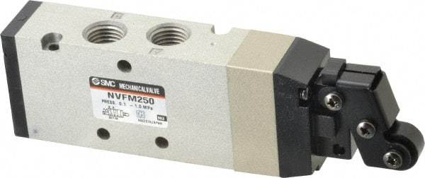 SMC PNEUMATICS - 1.00 CV Rate, 1/4" NPT Inlet Mechanical Valve - 4 Way, 5 Ports, Roller Lever - Industrial Tool & Supply