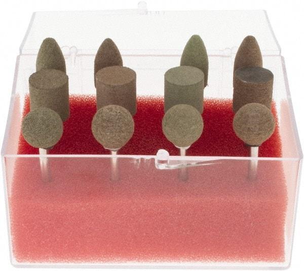 Grier Abrasives - 12 Piece Aluminum Oxide Rubber Rubber Mounted Abrasive Wheel Set - Includes Mounted Wheels with 1/8" Diam x 1-1/2" Long Shank - Industrial Tool & Supply