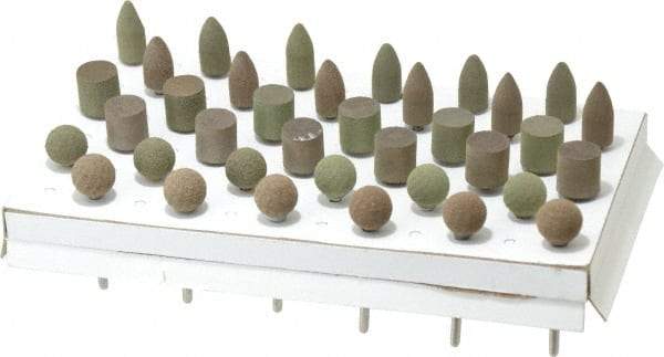 Grier Abrasives - 36 Piece Aluminum Oxide Rubber Rubber Mounted Abrasive Wheel Set - Includes Mounted Wheels with 1/8" Diam x 1-1/2" Long Shank - Industrial Tool & Supply