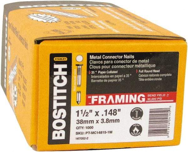 Stanley Bostitch - 10 Gauge 0.148" Shank Diam 1-1/2" Long Metal Connecting Nails for Power Nailers - Steel, Bright Finish, Smooth Shank, Angled Stick Paper Tape Collation, Round Head, Diamond Point - Industrial Tool & Supply