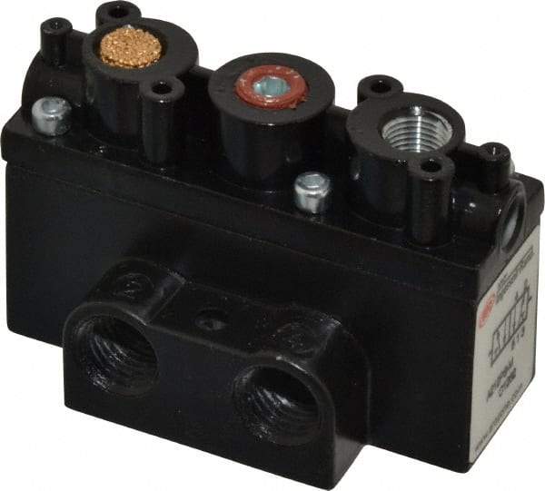 ARO/Ingersoll-Rand - 1/4" Inlet x 1/4" Outlet, Pilot Actuator, Spring Return, 2 Position, Body Ported Solenoid Air Valve - 32 CFM, 0.9 CV, 4 Way, 150 psi, 2-15/16" Long x 1-15/16" Wide x 1-15/16" High, 0 to 180°F - Industrial Tool & Supply