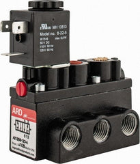 ARO/Ingersoll-Rand - 1/4" Inlet x 1/4" Outlet, Solenoid Actuator, Spring Return, 2 Position, Body Ported Solenoid Air Valve - 120 VAC Input, 54 CFM, 1.5 CV, 4 Way, 150 psi, 2-15/16" Long x 1-15/16" Wide x 1-15/16" High, 0 to 180°F - Industrial Tool & Supply
