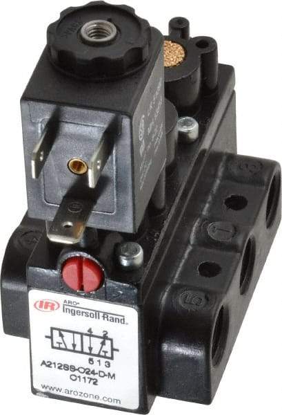 ARO/Ingersoll-Rand - 1/4" Inlet x 1/4" Outlet, Solenoid Actuator, Spring Return, 2 Position, Body Ported Solenoid Air Valve - 24 VDC Input, 54 CFM, 1.5 CV, 4 Way, 150 psi, 2-15/16" Long x 1-15/16" Wide x 1-15/16" High, 0 to 180°F - Industrial Tool & Supply