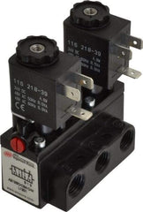 ARO/Ingersoll-Rand - 1/4" Inlet x 1/4" Outlet, Solenoid Actuator, Solenoid Return, 2 Position, Body Ported Solenoid Air Valve - 24 VDC Input, 54 CFM, 1.5 CV, 4 Way, 150 psi, 3-31/32" Long x 1-15/16" Wide x 3-1/4" High, 0 to 180°F - Industrial Tool & Supply
