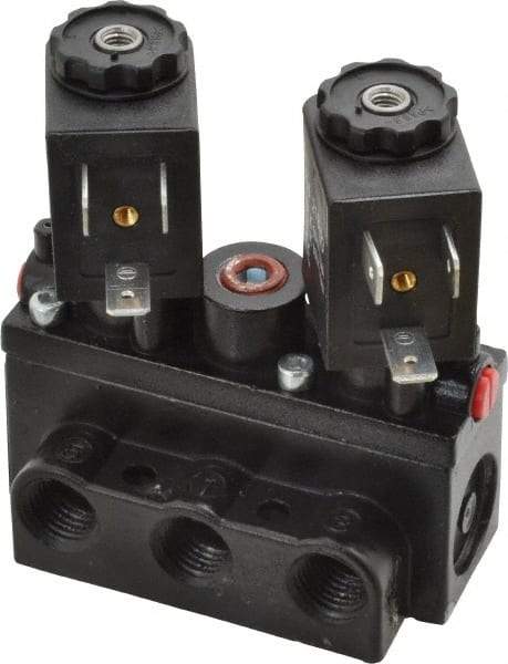 ARO/Ingersoll-Rand - 1/4" Inlet x 1/4" Outlet, Solenoid Actuator, Solenoid Return, 3 Position, Body Ported Solenoid Air Valve - 120 VAC Input, 32 CFM, 0.9 CV, 4 Way, 150 psi, 2-15/16" Long x 1-15/16" Wide x 1-13/16" High, 0 to 180°F - Industrial Tool & Supply