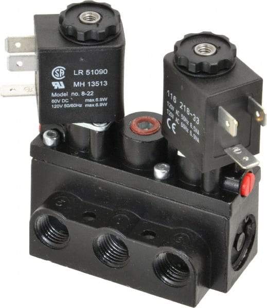 ARO/Ingersoll-Rand - 1/4" Inlet x 1/4" Outlet, Solenoid Actuator, Solenoid Return, 3 Position, Body Ported Solenoid Air Valve - 120 VAC Input, 32 CFM, 0.9 CV, 4 Way, 150 psi, 2-15/16" Long x 1-15/16" Wide x 1-13/16" High, 0 to 180°F - Industrial Tool & Supply