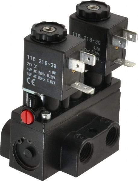 ARO/Ingersoll-Rand - 1/4" Inlet x 1/4" Outlet, Solenoid Actuator, Solenoid Return, 3 Position, Body Ported Solenoid Air Valve - 24 VDC Input, 32 CFM, 0.9 CV, 4 Way, 150 psi, 2-15/16" Long x 1-15/16" Wide x 1-13/16" High, 0 to 180°F - Industrial Tool & Supply