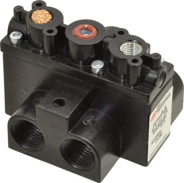 ARO/Ingersoll-Rand - 3/8" Inlet x 3/8" Outlet, Pilot Actuator, Spring Return, 2 Position, Body Ported Solenoid Air Valve - 63 CFM, 1.7 CV, 4 Way, 150 psi, 3-1/2" Long x '2-1/2" Wide x 3-5/8" High, 0 to 180°F - Industrial Tool & Supply