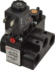 ARO/Ingersoll-Rand - 3/8" Inlet x 3/8" Outlet, Solenoid Actuator, Spring Return, 2 Position, Body Ported Solenoid Air Valve - 120 VAC Input, 63 CFM, 1.7 CV, 4 Way, 150 psi, 3-1/2" Long x '2-1/2" Wide x 3-5/8" High, 0 to 180°F - Industrial Tool & Supply