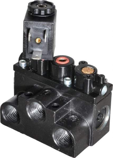 ARO/Ingersoll-Rand - 3/8" Inlet x 3/8" Outlet, Solenoid Actuator, Spring Return, 2 Position, Body Ported Solenoid Air Valve - 24 VDC Input, 63 CFM, 1.7 CV, 4 Way, 150 psi, 3-1/2" Long x '2-1/2" Wide x 3-5/8" High, 0 to 180°F - Industrial Tool & Supply