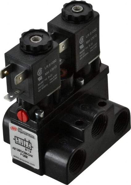 ARO/Ingersoll-Rand - 3/8" Inlet x 3/8" Outlet, Solenoid Actuator, Solenoid Return, 2 Position, Body Ported Solenoid Air Valve - 24 VDC Input, 63 CFM, 1.7 CV, 4 Way, 150 psi, 4" Long x '2-1/2" Wide x 3-5/8" High, 0 to 180°F - Industrial Tool & Supply