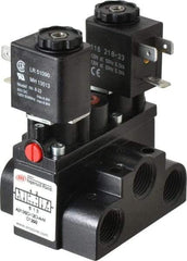 ARO/Ingersoll-Rand - 3/8" Inlet x 3/8" Outlet, Solenoid Actuator, Solenoid Return, 3 Position, Body Ported Solenoid Air Valve - 120 VAC Input, 63 CFM, 1.7 CV, 4 Way, 150 psi, 4" Long x '2-1/2" Wide x 3-5/8" High, 0 to 180°F - Industrial Tool & Supply