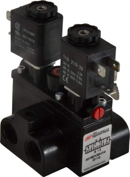 ARO/Ingersoll-Rand - 3/8" Inlet x 3/8" Outlet, Solenoid Actuator, Solenoid Return, 3 Position, Body Ported Solenoid Air Valve - 24 VDC Input, 63 CFM, 1.7 CV, 4 Way, 150 psi, 4" Long x '2-1/2" Wide x 3-5/8" High, 0 to 180°F - Industrial Tool & Supply