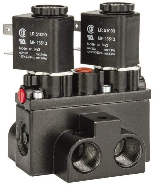 ARO/Ingersoll-Rand - 3/8" Inlet x 3/8" Outlet, Solenoid Actuator, Solenoid Return, 3 Position, Body Ported Solenoid Air Valve - 120 VAC Input, 63 CFM, 1.7 CV, 4 Way, 150 psi, 4" Long x '2-1/2" Wide x 3-5/8" High, 0 to 180°F - Industrial Tool & Supply