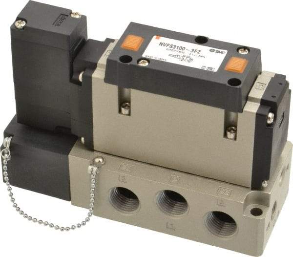 SMC PNEUMATICS - 2 CV Flow Rate, Single Solenoid Pilot Operated Valve - 5 Port, 2 Position, Spring Return, 3/8" NPT Inlet, 110 V - Industrial Tool & Supply
