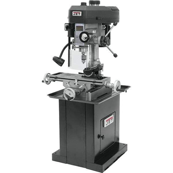 Jet - 1 Phase, 14-1/2" Swing, Step Pulley Mill Drill Machine - 23" Table Length x 7-1/2" Table Width, 14" Longitudinal Travel, 5-1/2" Cross Travel, 12 Spindle Speeds, 1 hp, 115/230 Volts - Industrial Tool & Supply