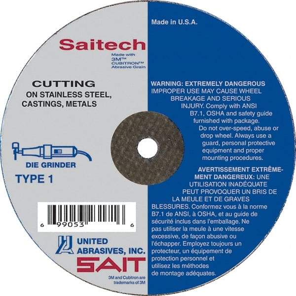 Sait - 3" Aluminum Oxide Cutoff Wheel - 0.035" Thick, 3/8" Arbor, 25,000 Max RPM, Use with Die Grinders - Industrial Tool & Supply
